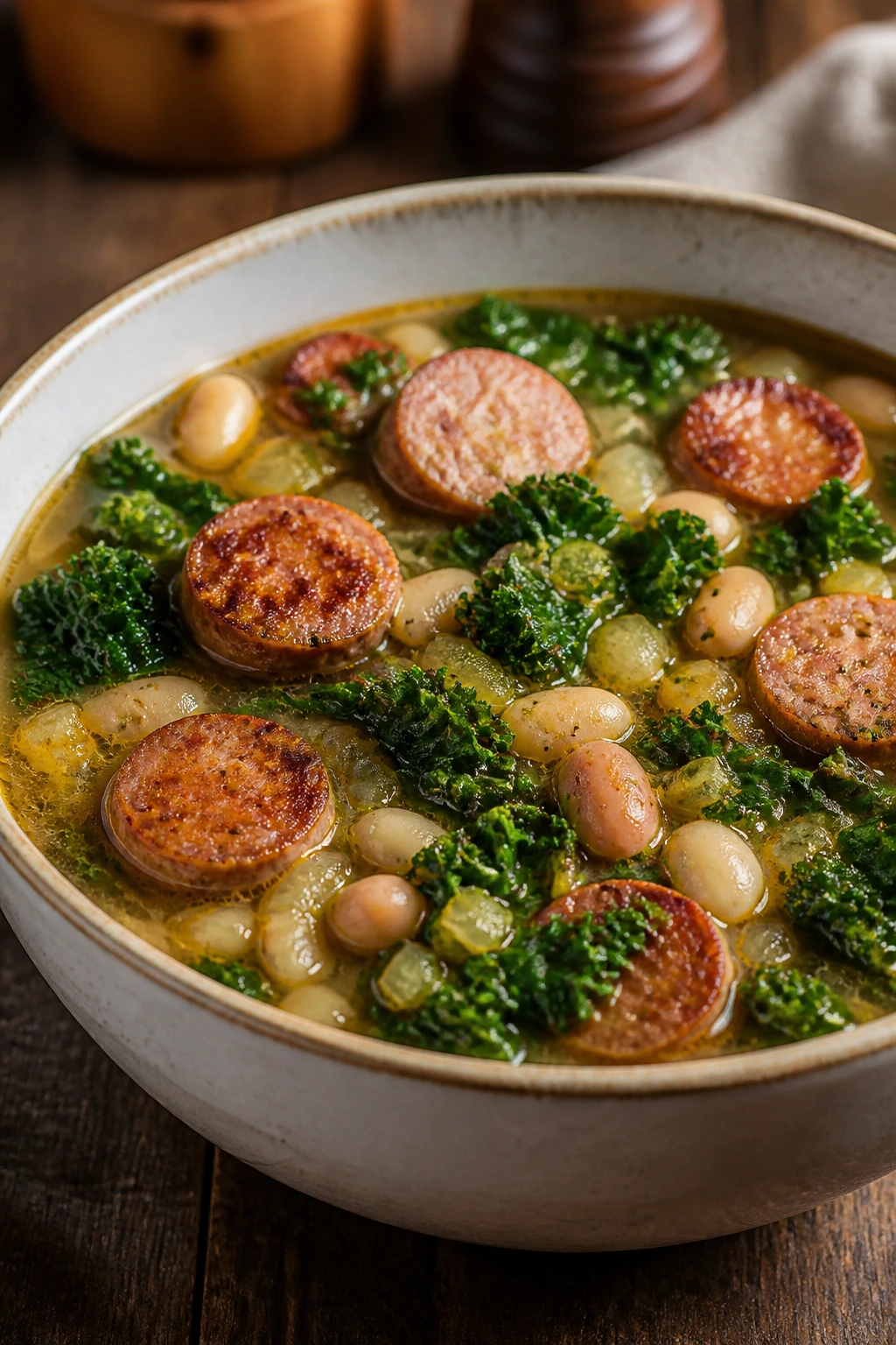 Close-up of sausage kale white bean soup in a bowl with sausage and kale