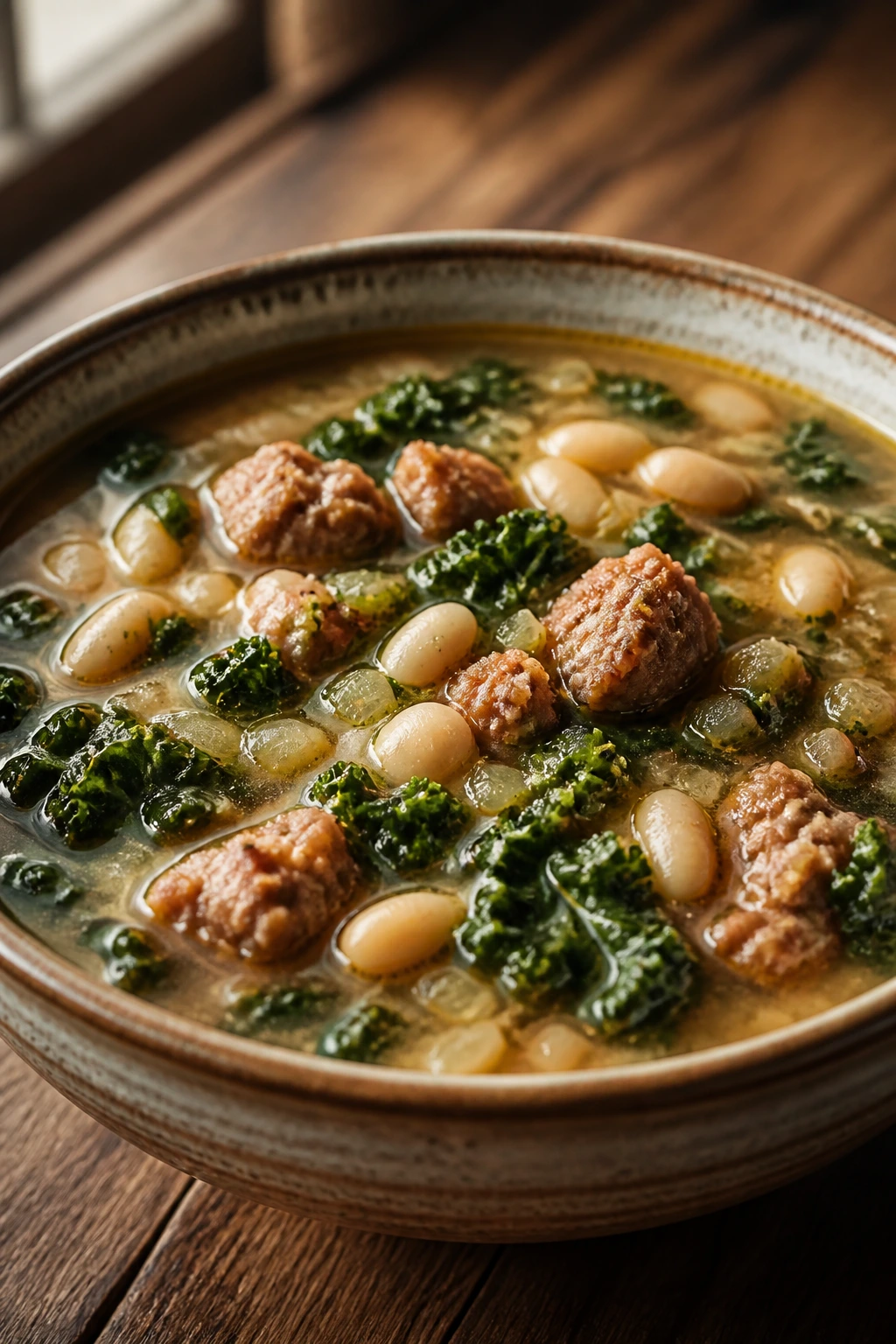 Close-up of hearty sausage kale white bean soup in a rustic bowl