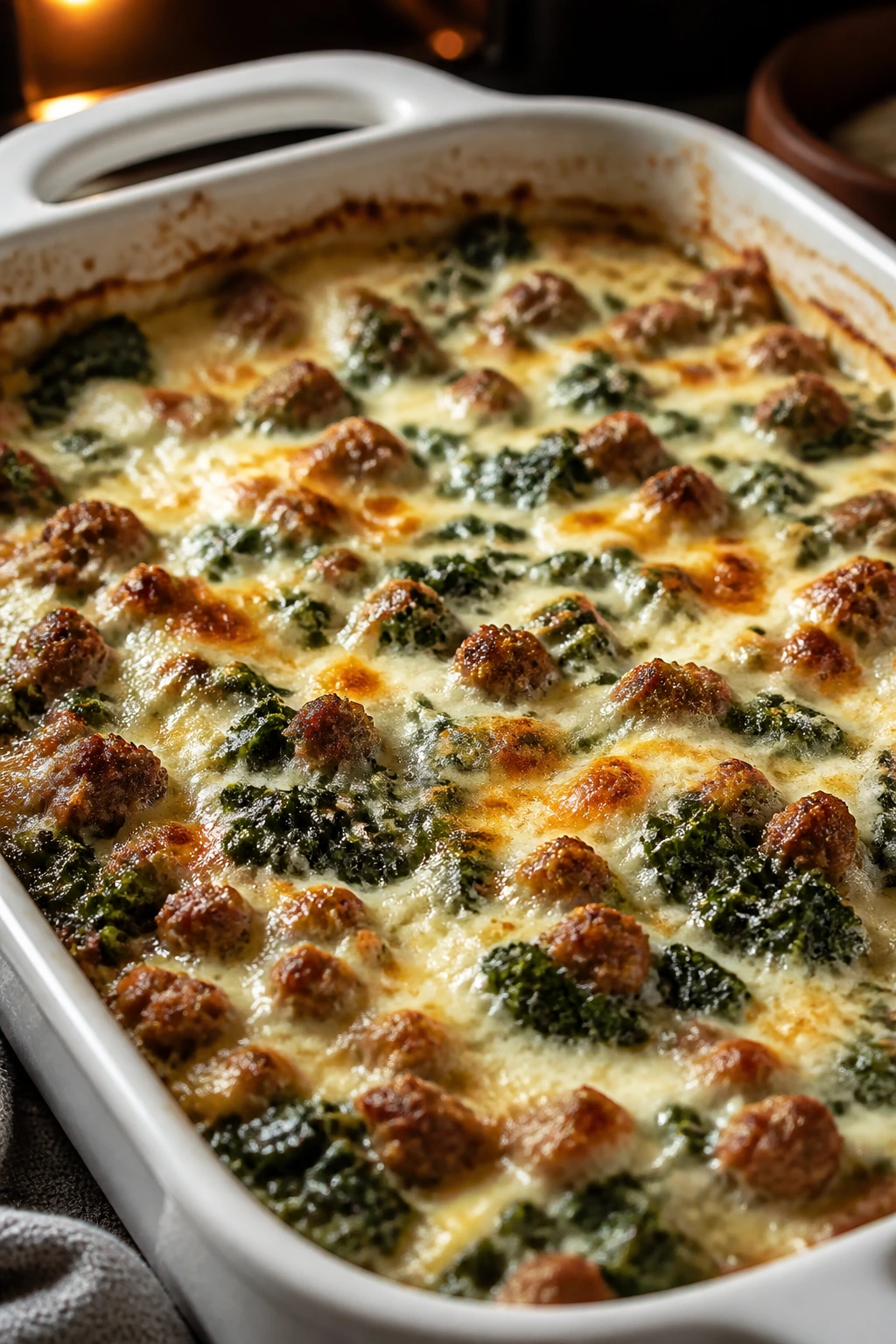 Close-up of kale and sausage bake bubbling with cheese in a baking dish