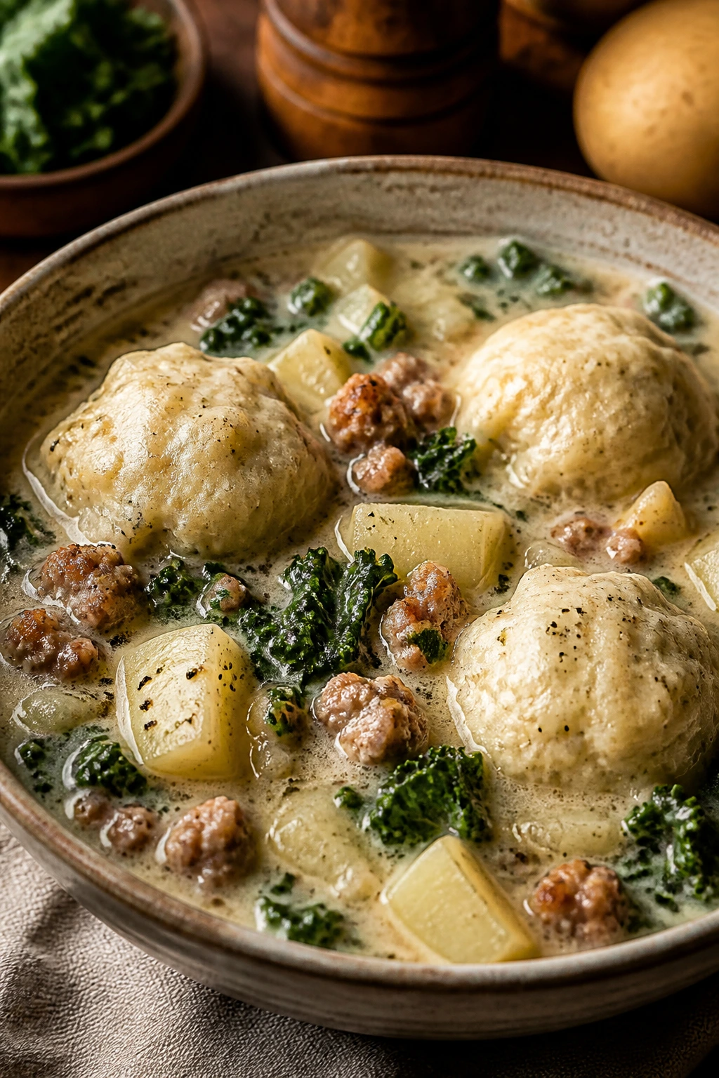 Creamy sausage kale potato dumplings in a bowl