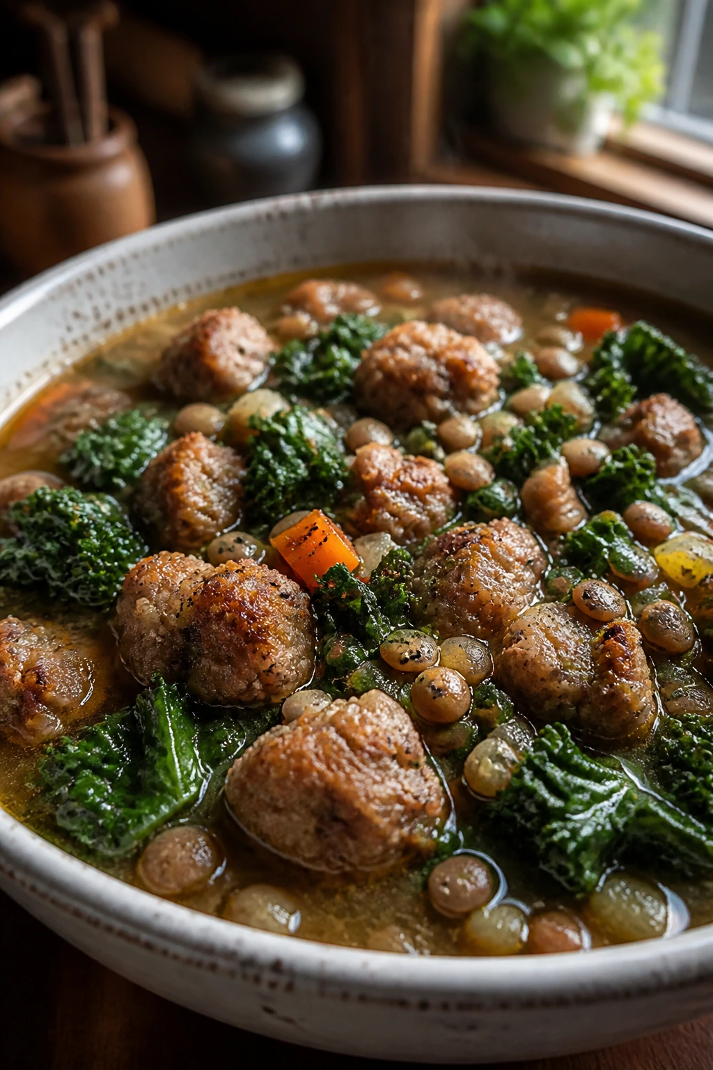 Sausage kale lentil soup in a bowl with sausage and greens