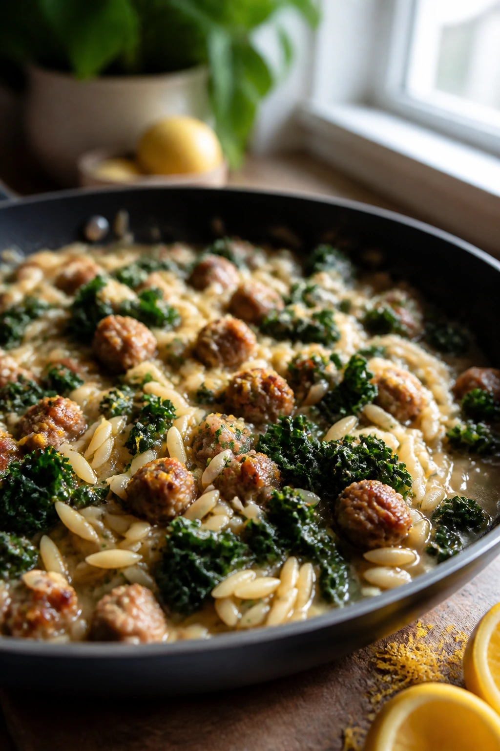 Medium-close shot of sausage and kale orzo in a skillet