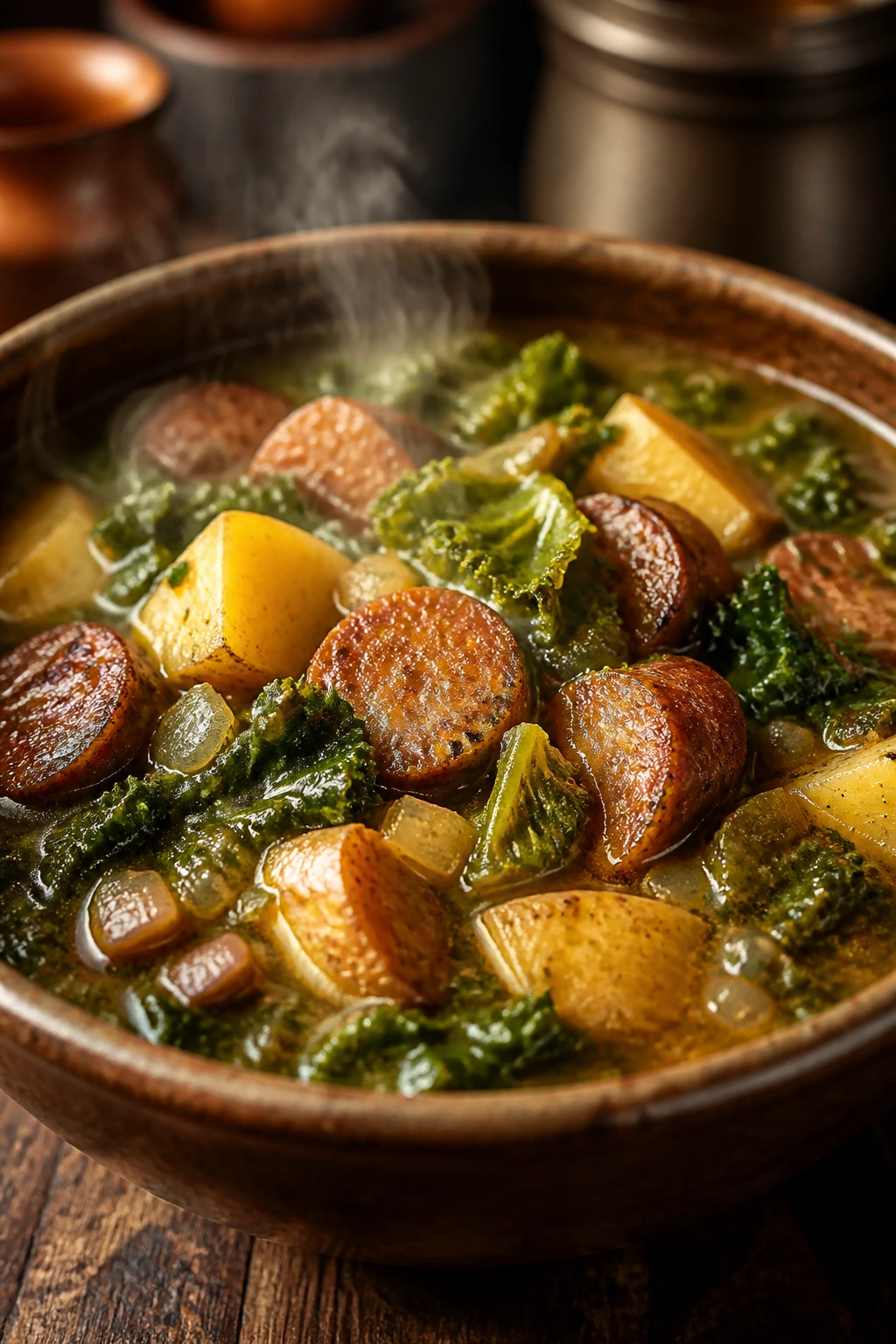 Hearty sausage kale and potato stew in a bowl