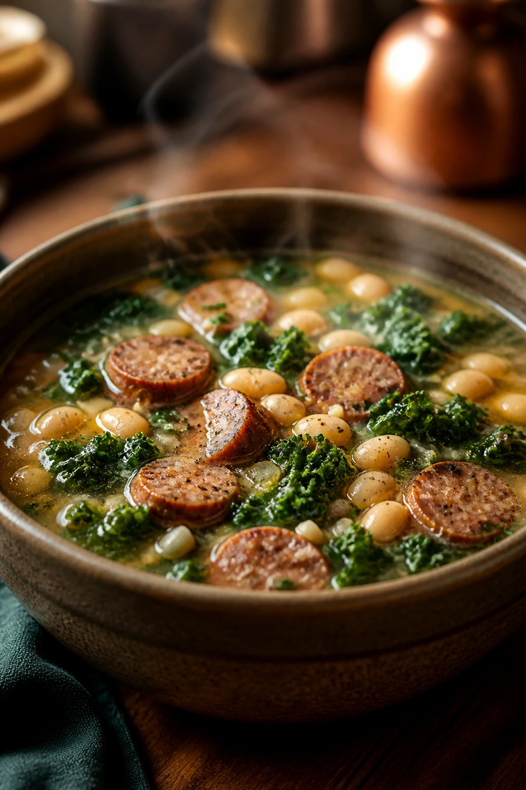 Close-up of hearty sausage kale white bean soup in a rustic bowl with steam