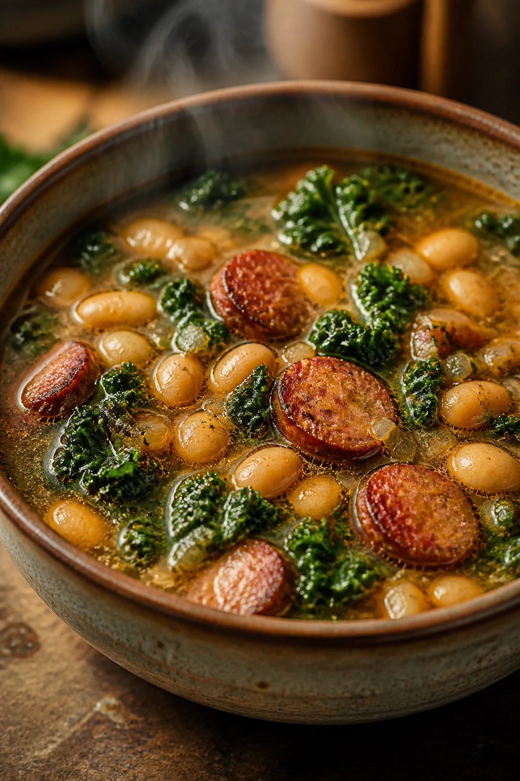 Hearty sausage and kale soup with beans in a bowl