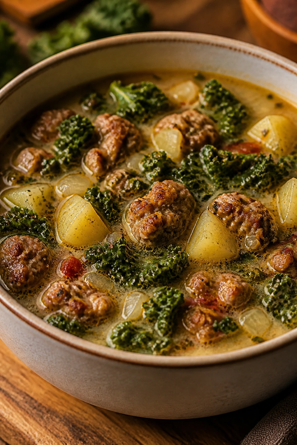 Close-up of Sausage and Kale Soup in a bowl with sausage and kale