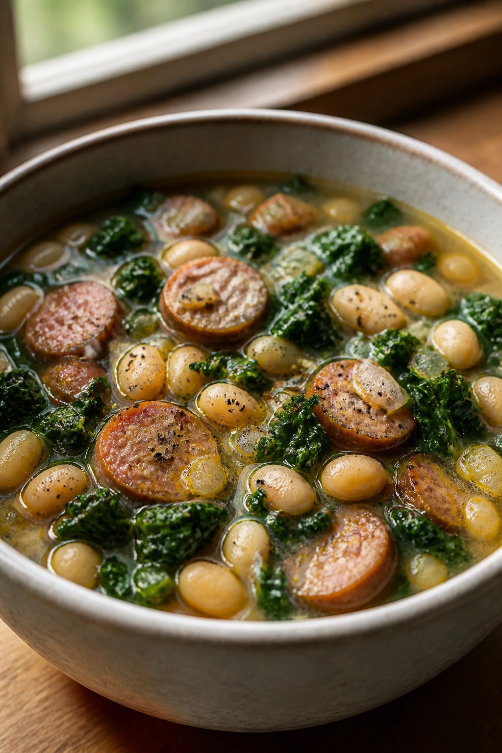 Hearty sausage kale white bean soup in a bowl on a wooden table