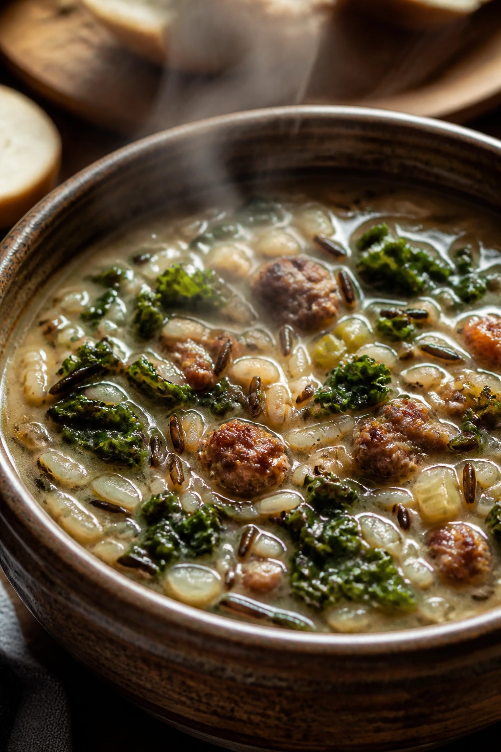 Hearty sausage and kale wild rice soup in a bowl.