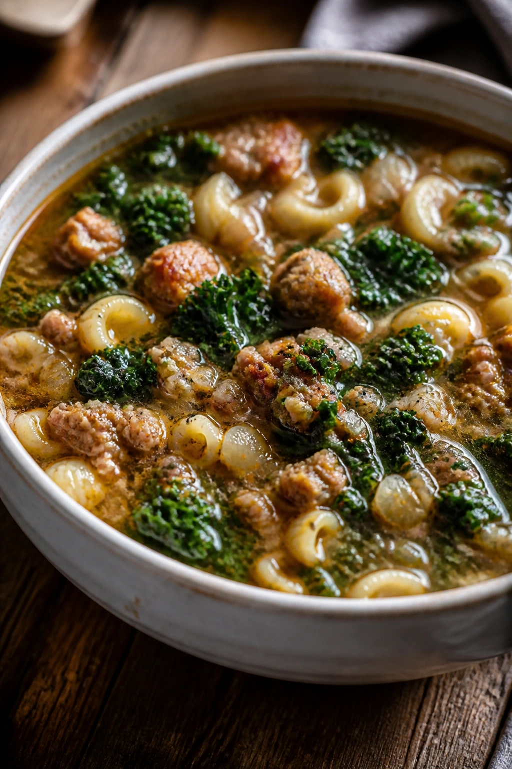Steaming bowl of sausage and kale pasta soup with greens and pasta