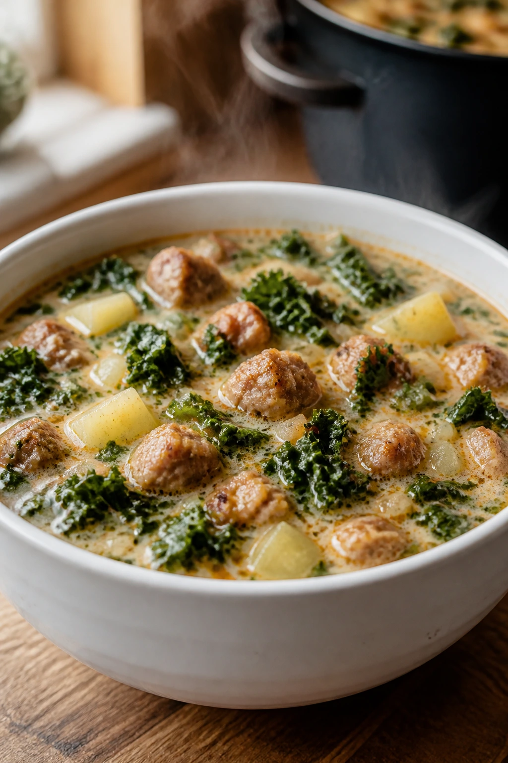 Close-up of creamy sausage and kale soup in a bowl with sausage pieces and kale