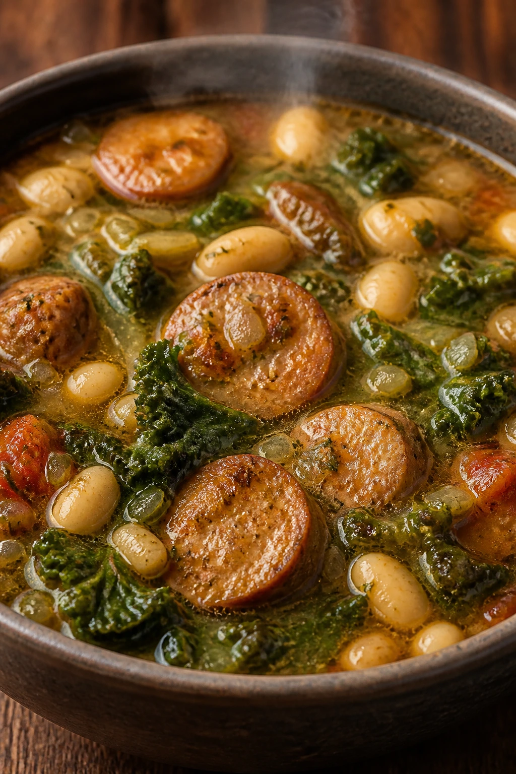 Close-up of Sausage and Kale Soup with White Beans in a bowl with sausage, kale, and white beans