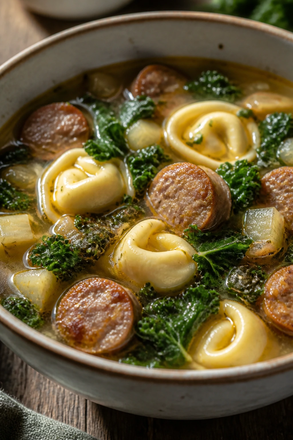 Hearty sausage kale tortellini soup in a rustic bowl