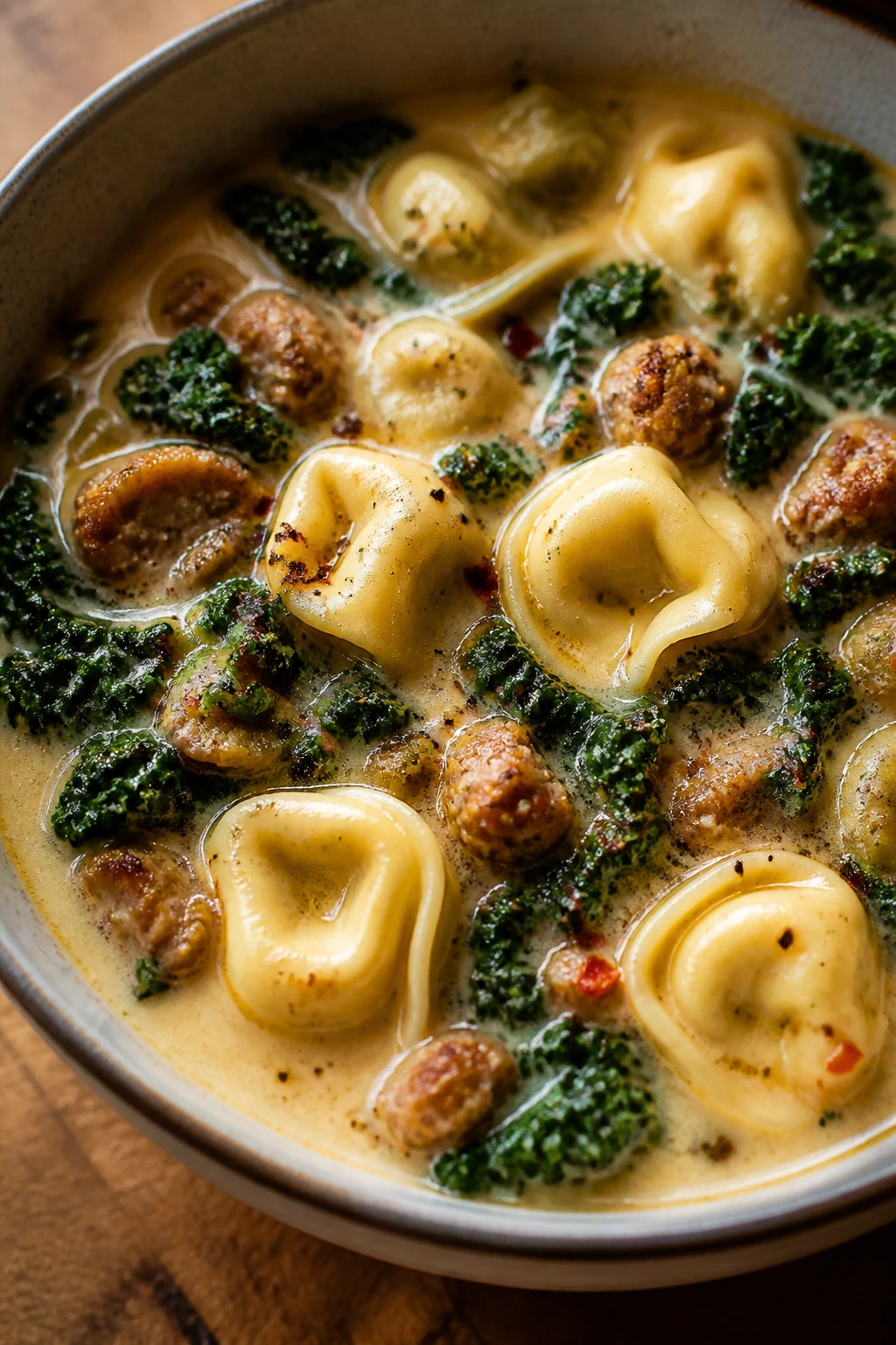 Close-up of sausage kale tortellini soup in a bowl