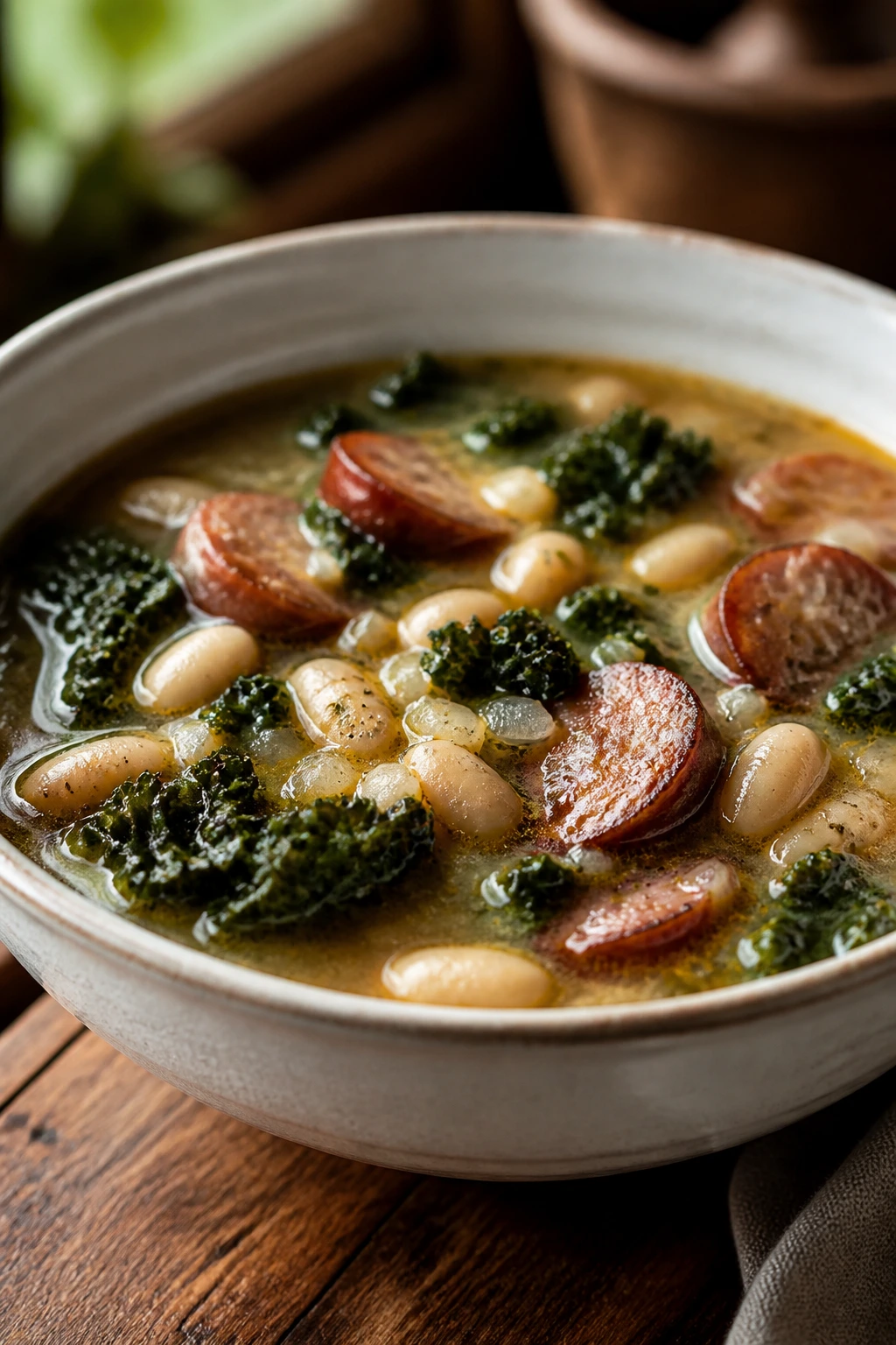 Hearty sausage kale white bean soup in a bowl on wooden table