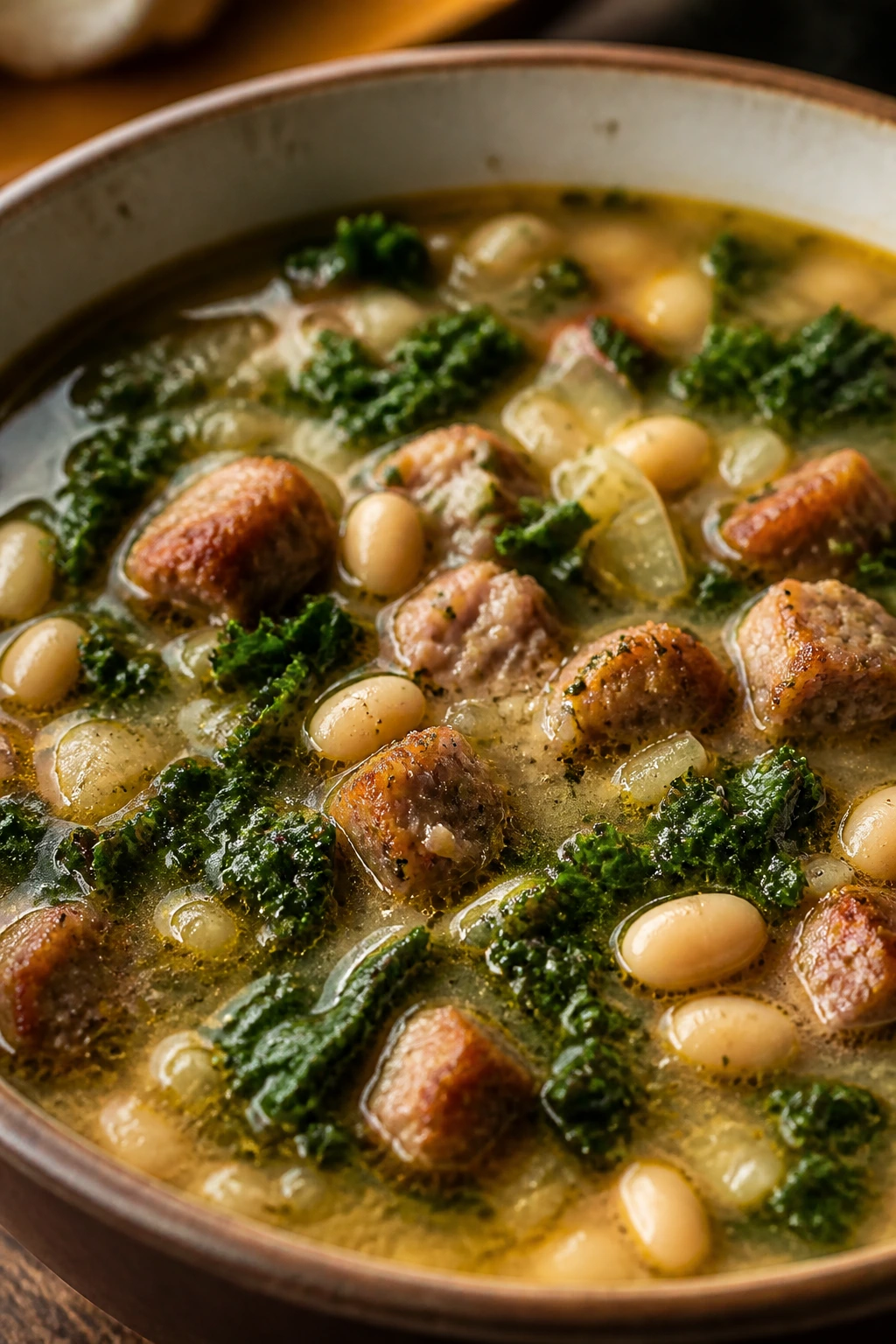 Close-up of sausage, kale, and white bean soup in a bowl on a kitchen counter.