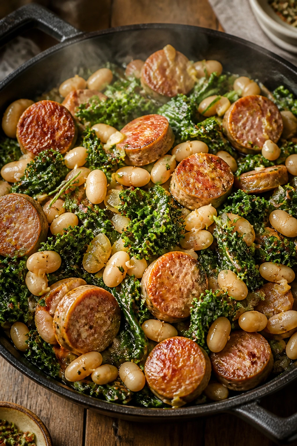 Skillet with sausage, kale, and white beans on a warm stove
