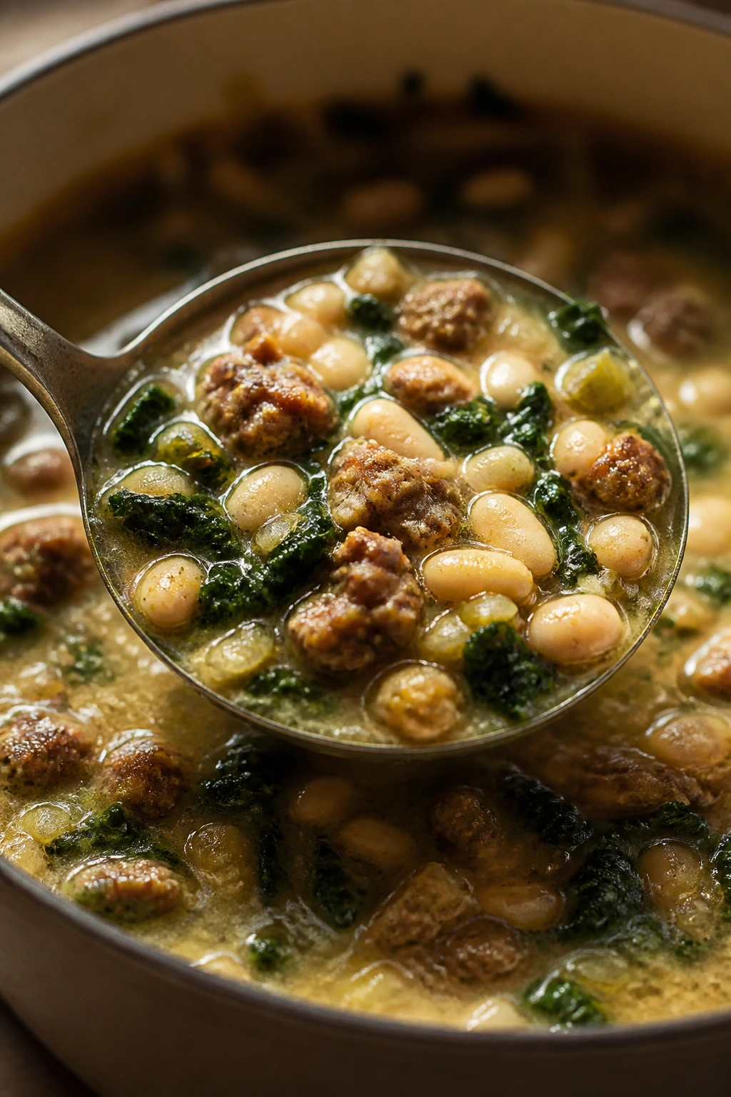 Close-up of hearty sausage kale white bean soup with sausage, kale, and beans.
