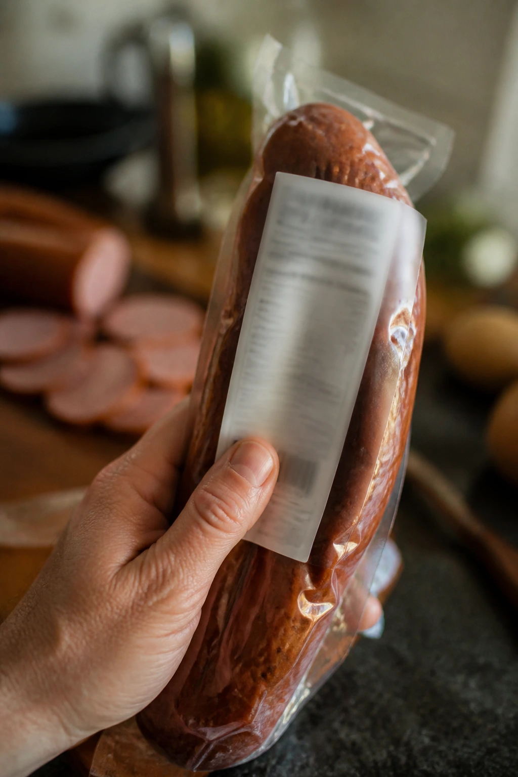 Hand checking a smoked sausage package with unreadable label