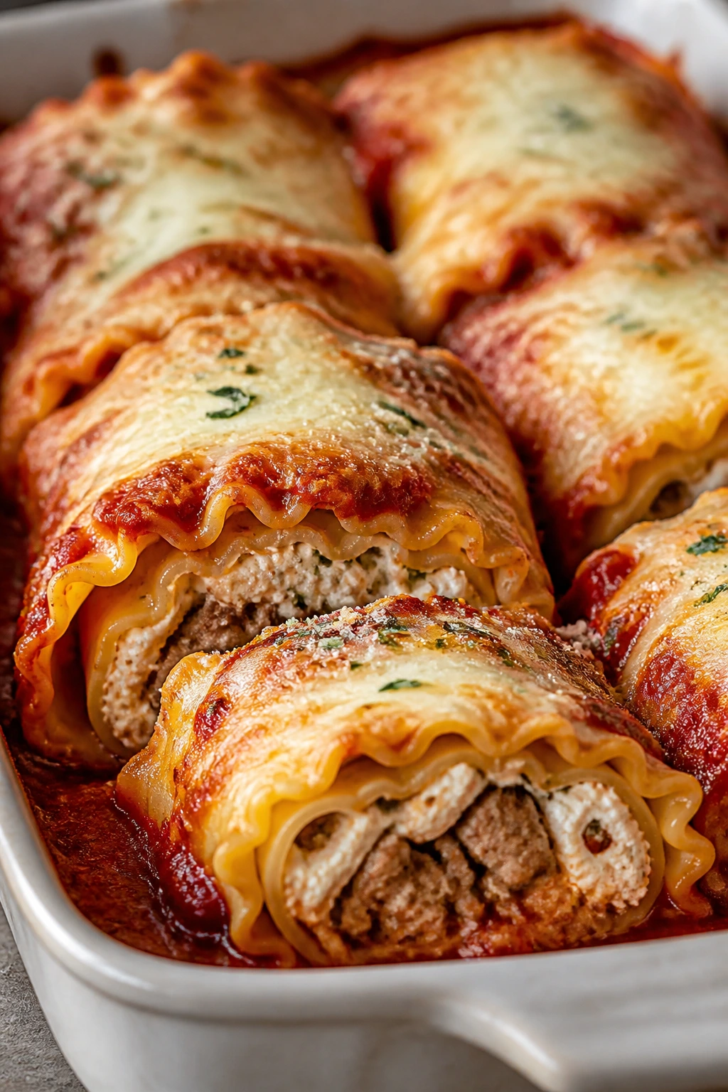 Close-up of sausage lasagna roll-ups with melted cheese