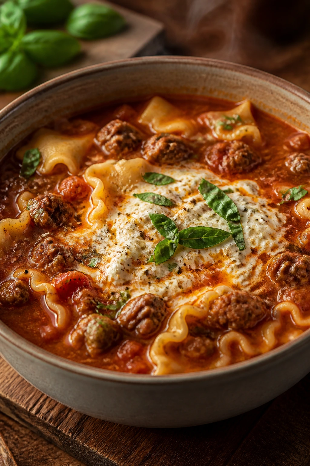 Lasagna soup in a rustic bowl with ricotta and basil