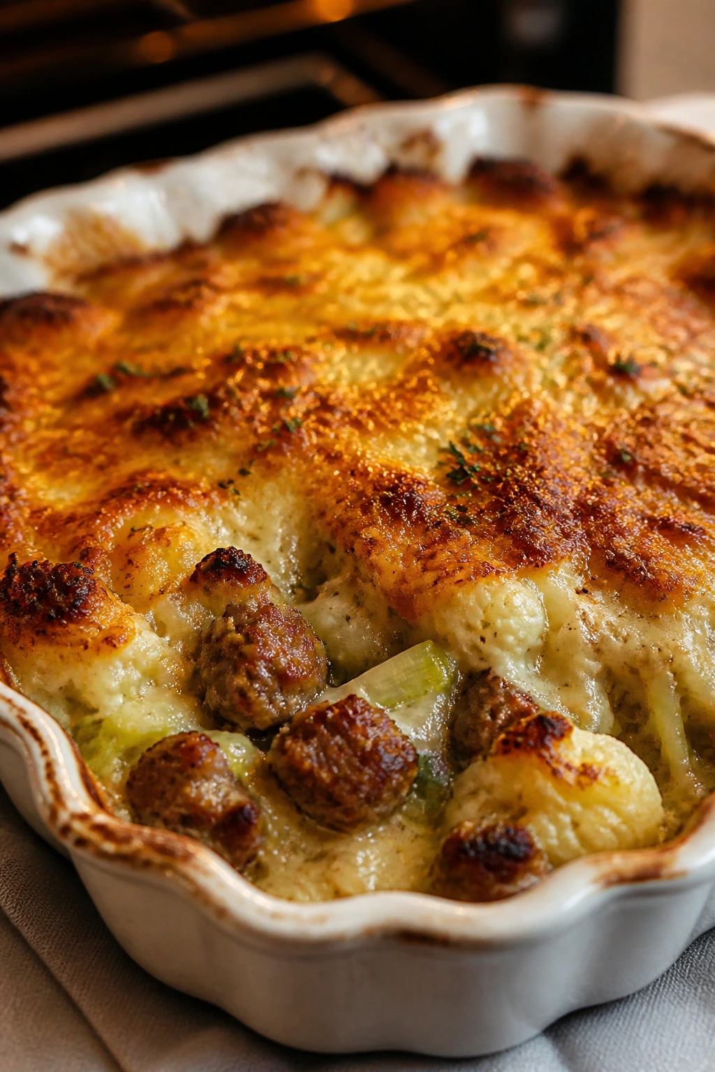 Golden sausage leek cauliflower gratin in a baking dish