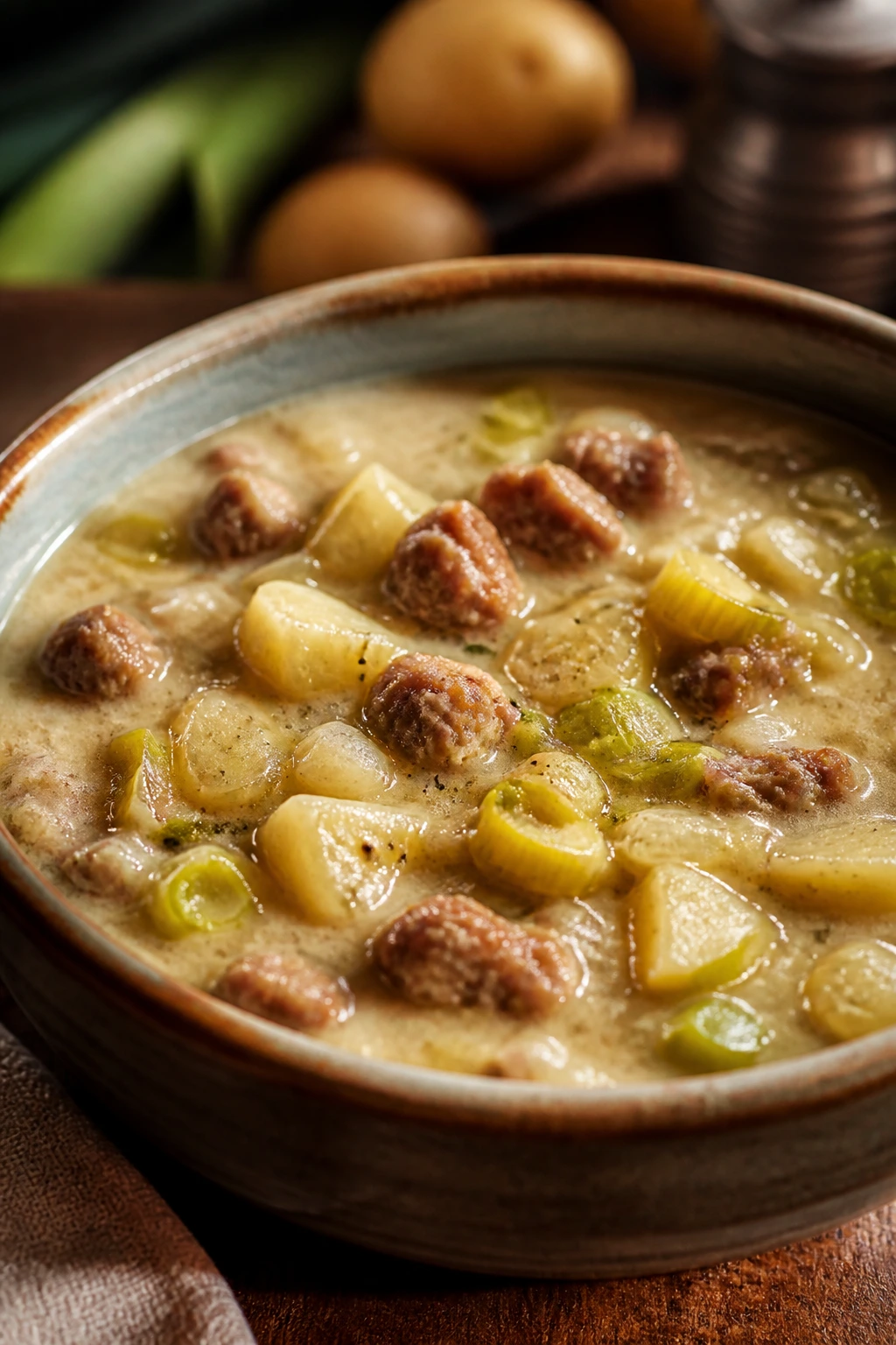 Creamy leek potato sausage soup in a rustic kitchen