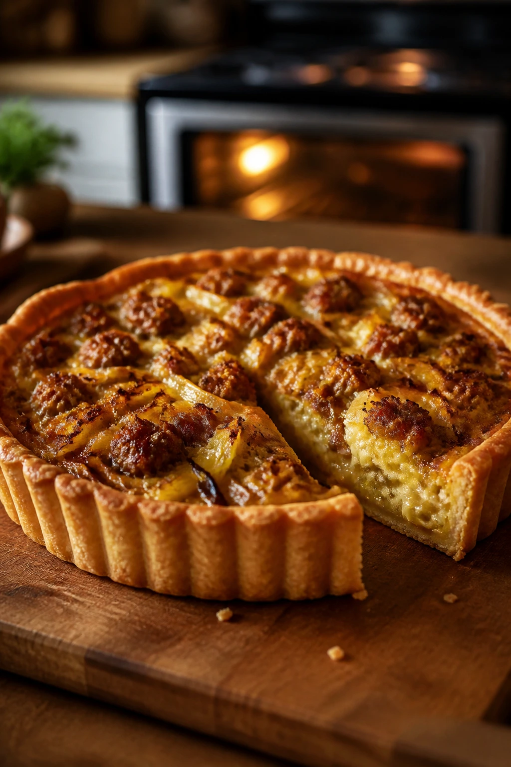 Close-up of a caramelized leek and sausage tart slice