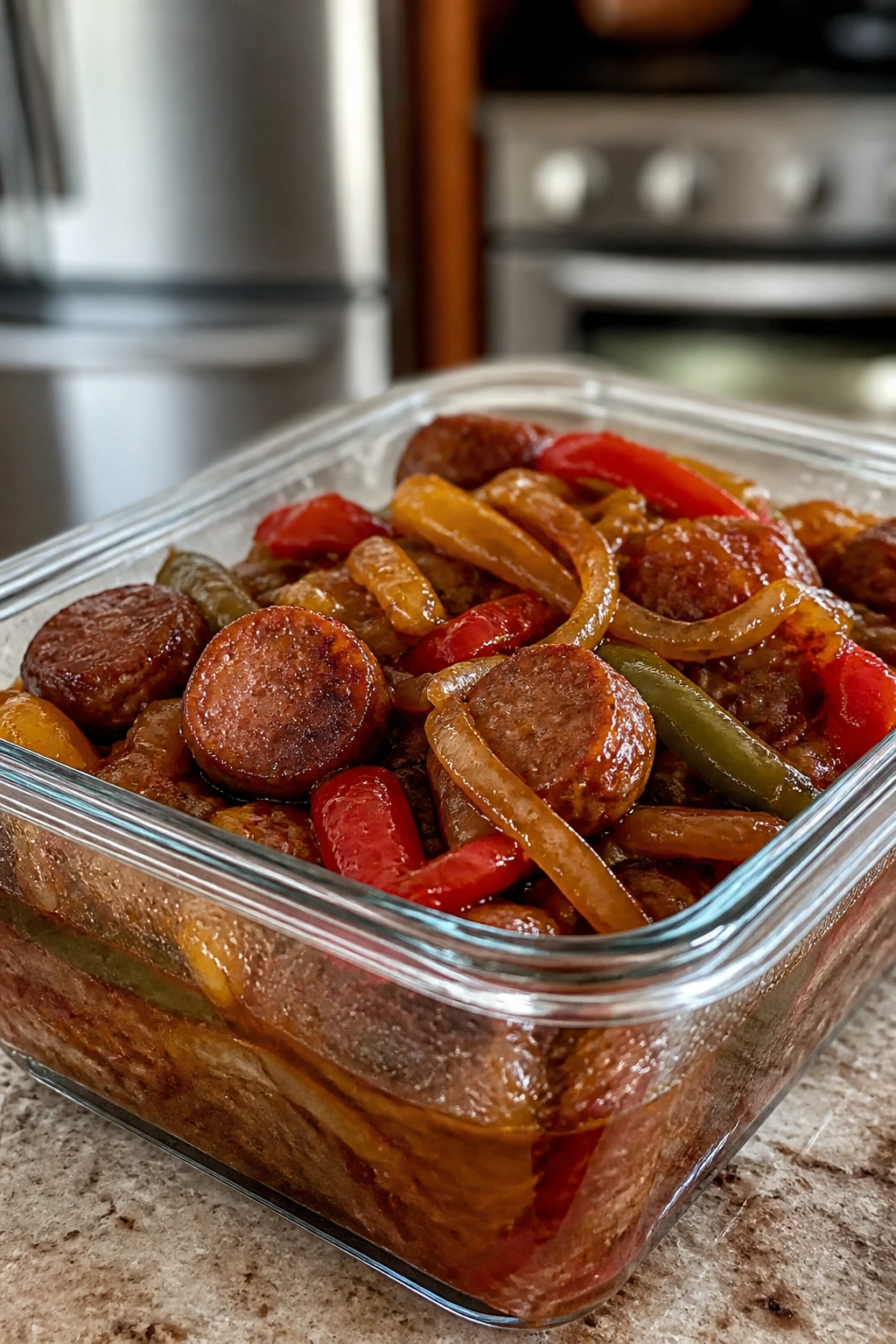 Airtight container with sausage and peppers leftovers in glossy glaze on kitchen counter