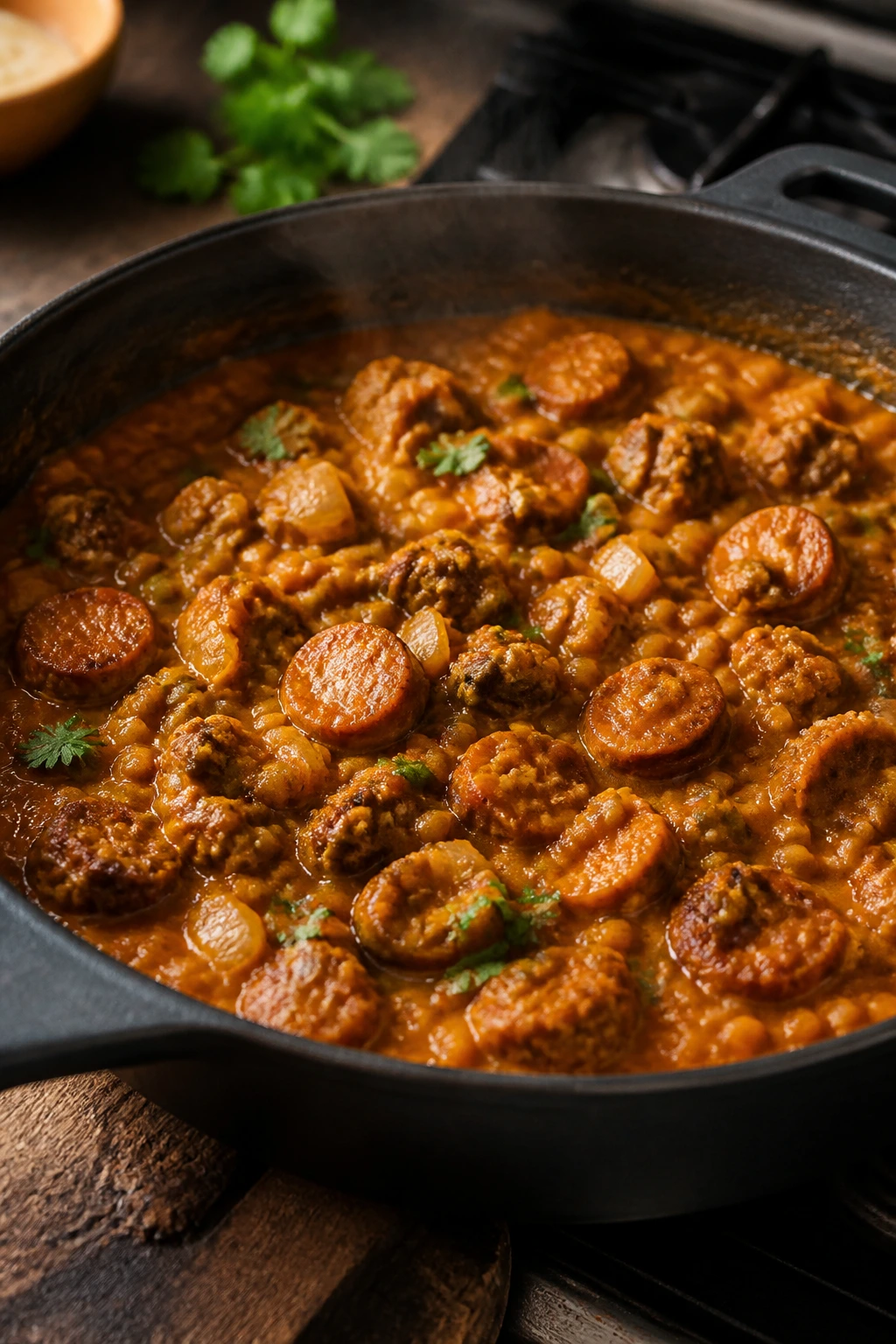 Sausage in red lentil curry in a skillet