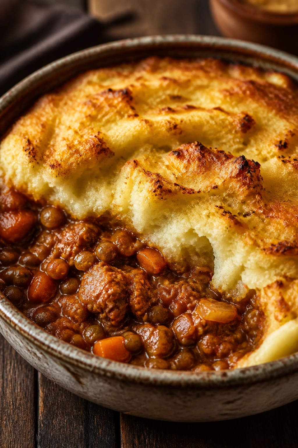 Close-up of sausage and lentil shepherd’s pie in a rustic bowl with mashed potato lid