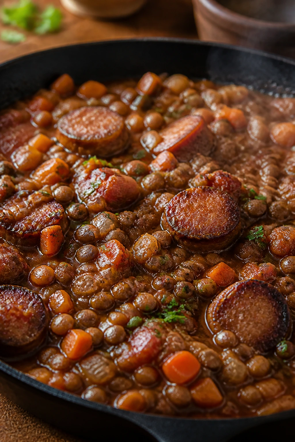 Close-up of sausage lentil skillet stew in a rustic kitchen