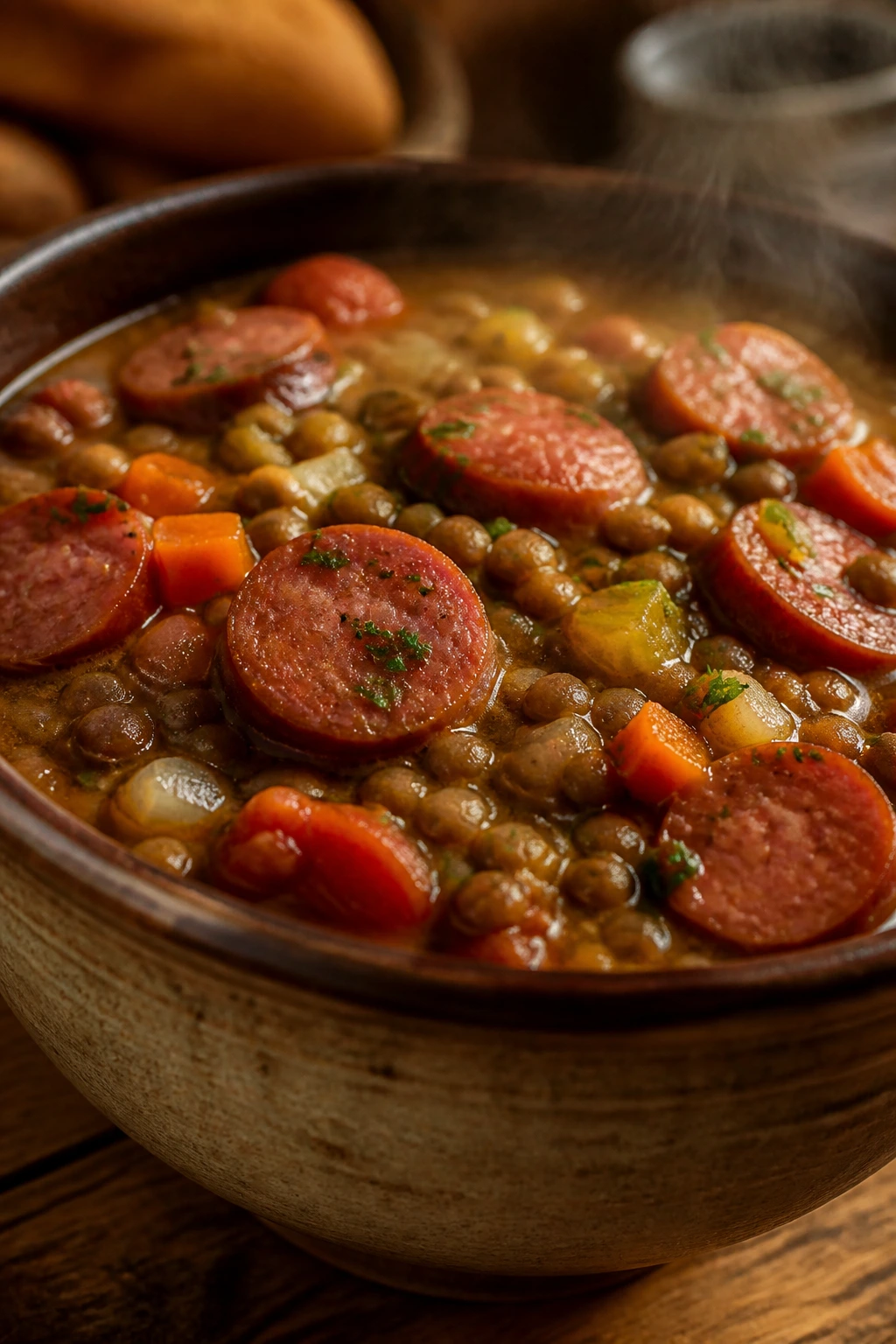 Steaming sausage and lentil soup in a rustic bowl