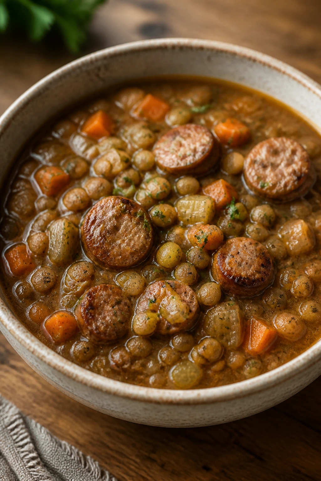 Close-up of Sausage and Lentil Soup with sausage and lentils in a bowl