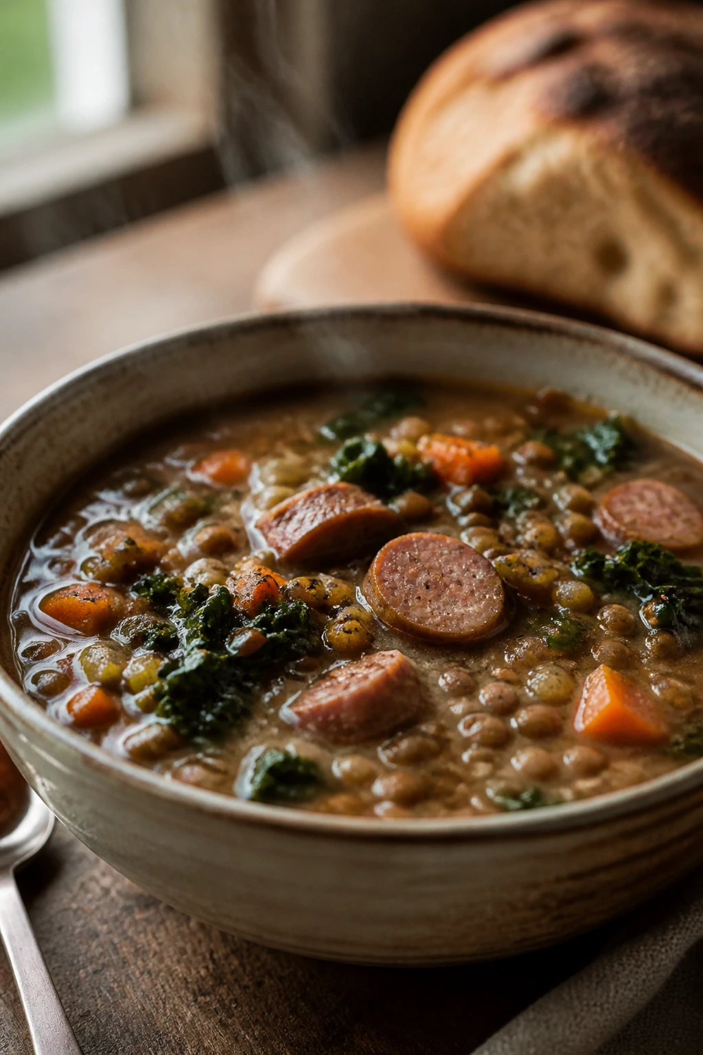 Steaming bowl of sausage lentil soup with vegetables