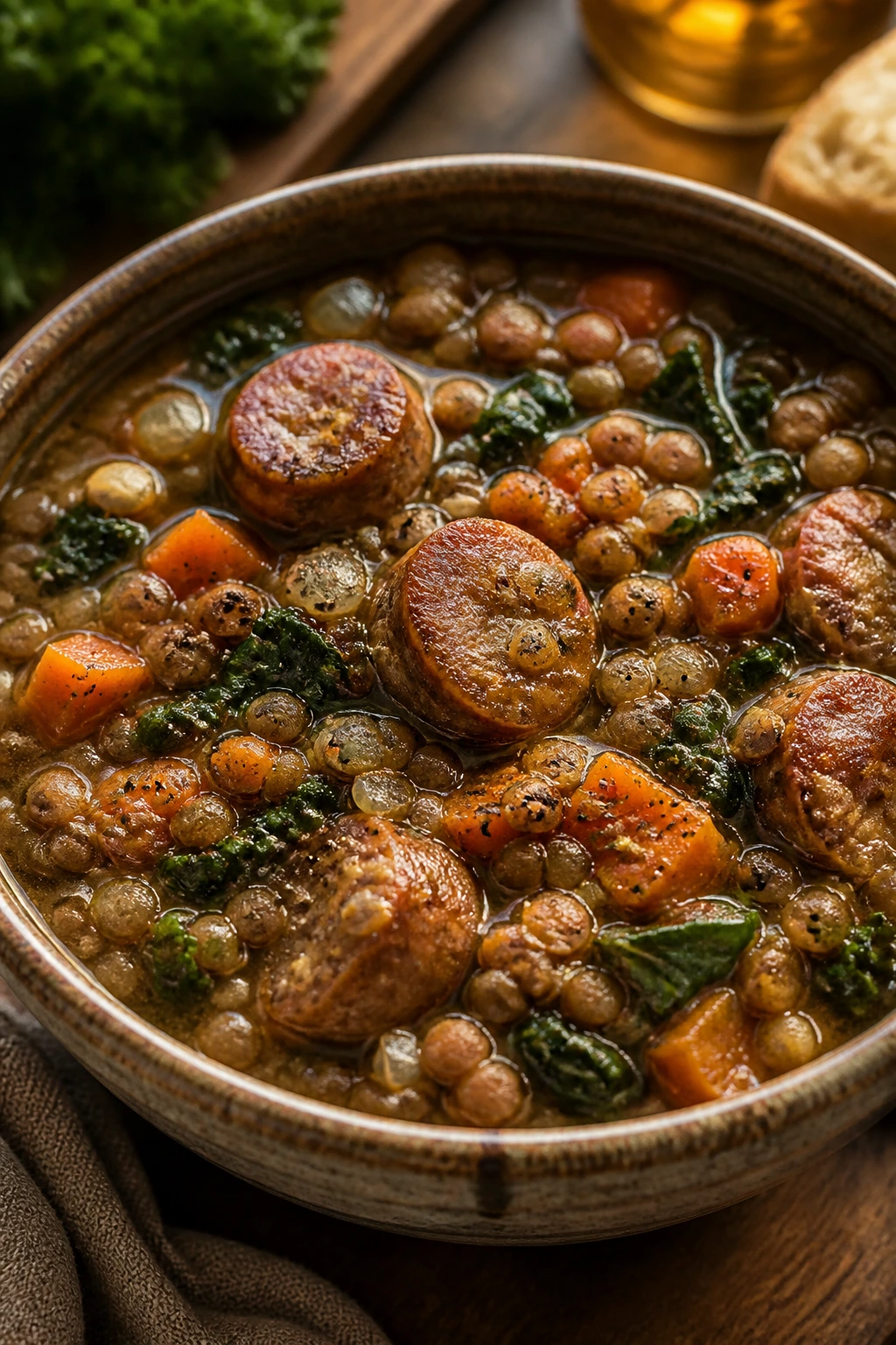 Bowl of sausage and lentil stew with greens