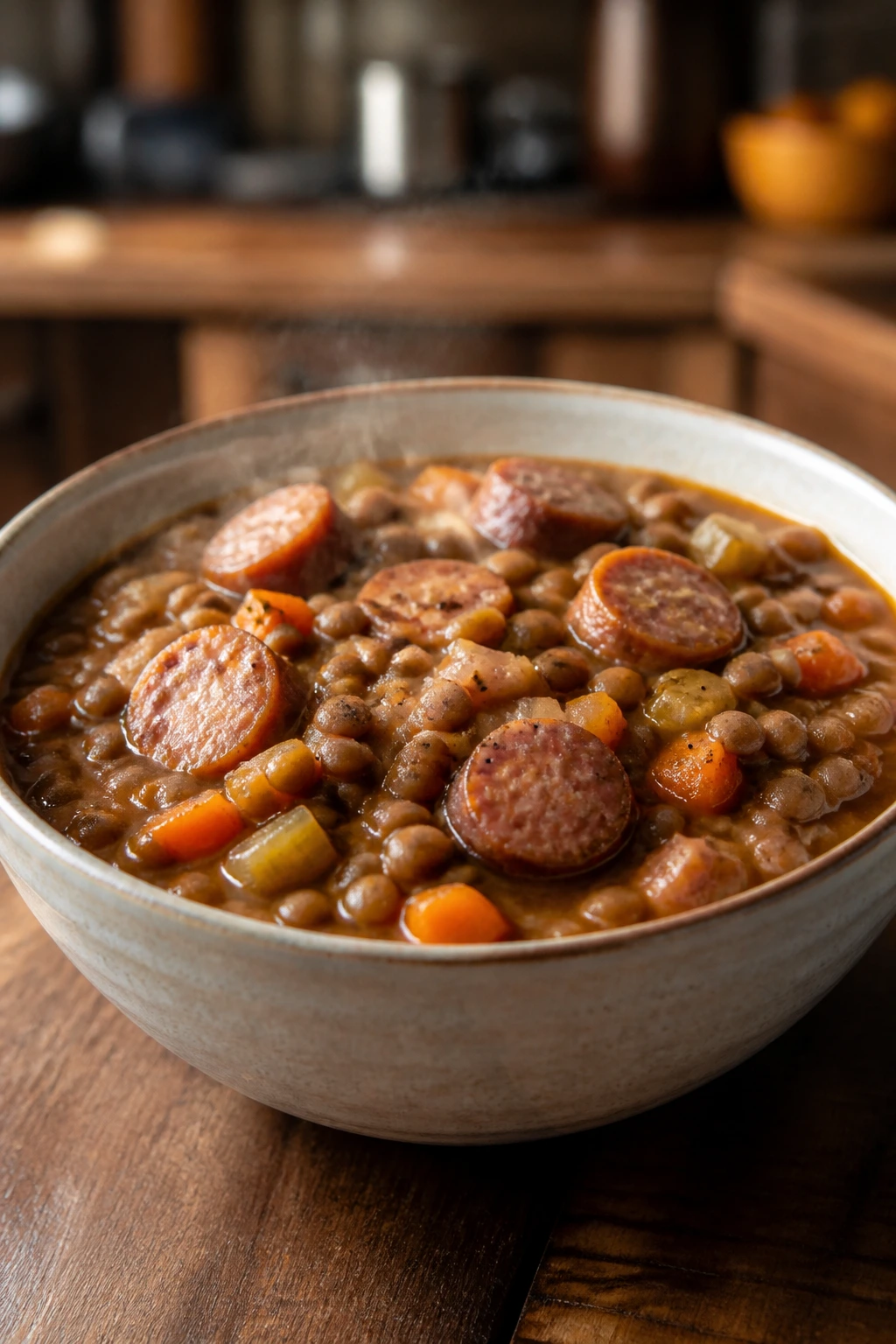 Steaming lentil sausage stew in a bowl with vegetables on a wooden table