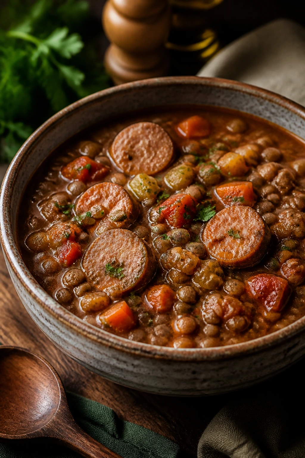 Hearty lentil stew with sausage in a rustic bowl