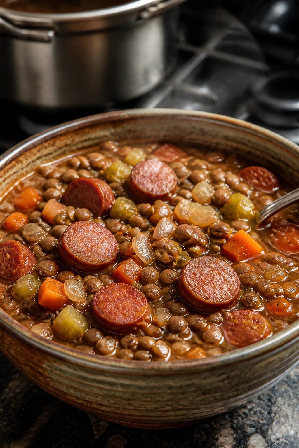 Rustic bowl of lentil stew with sausage and vegetables