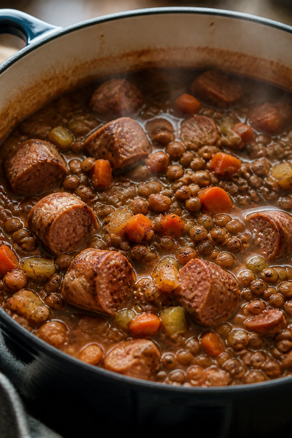 Hearty sausage lentil stew in a rustic pot