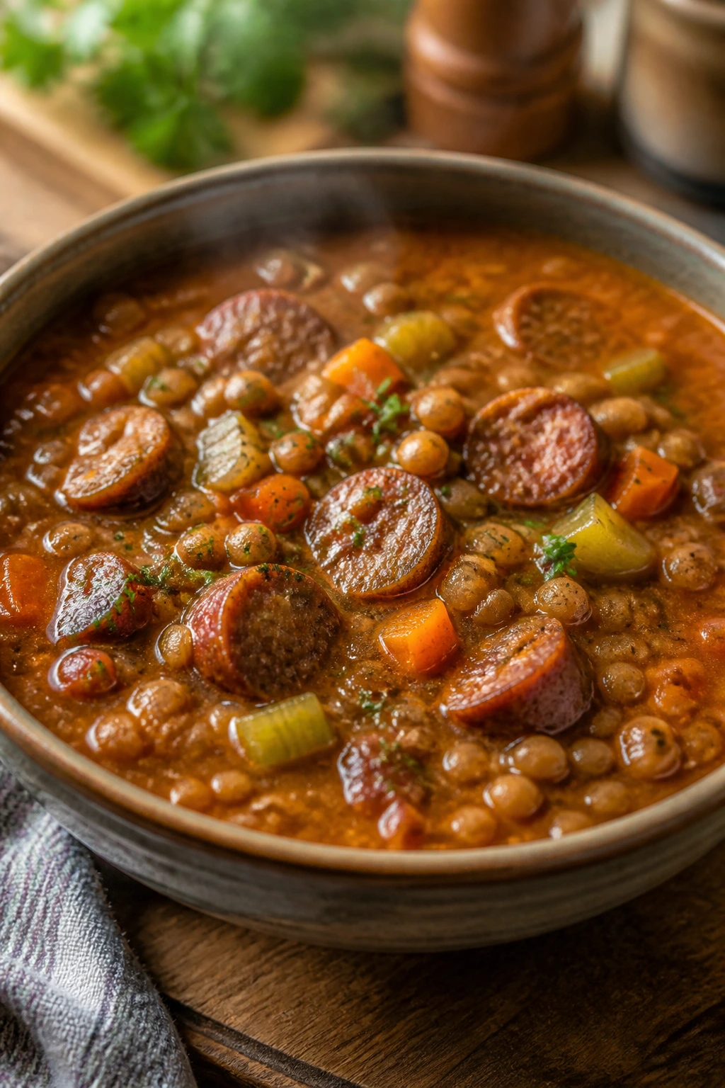 Close-up of sausage lentil stew in a rustic bowl with vegetables