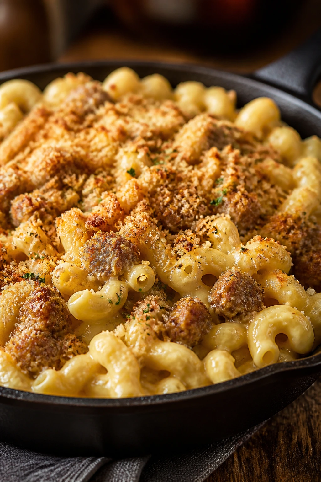 Close-up of sausage macaroni and cheese with breadcrumbs