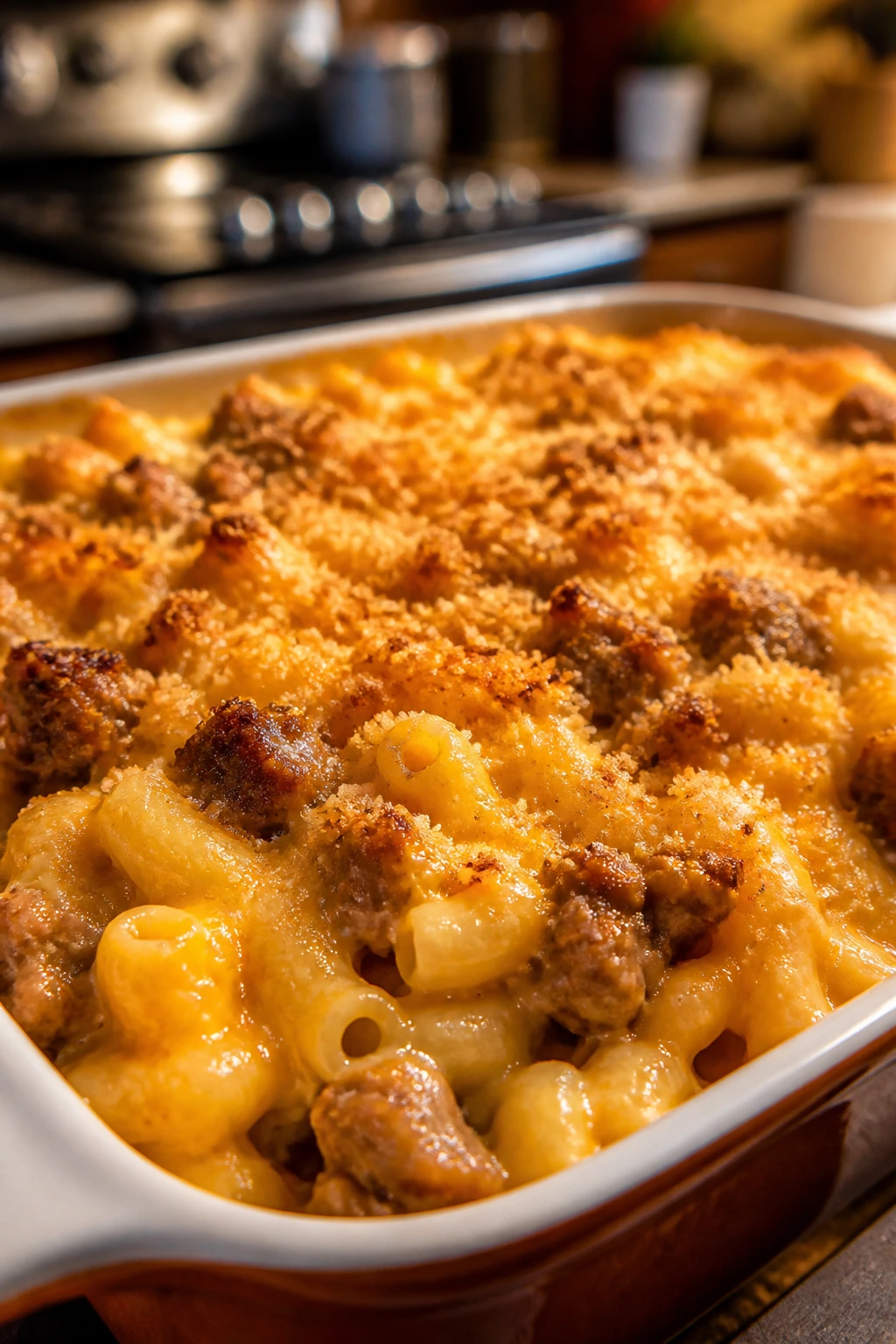 Creamy macaroni and cheese with sausage pieces in a baking dish