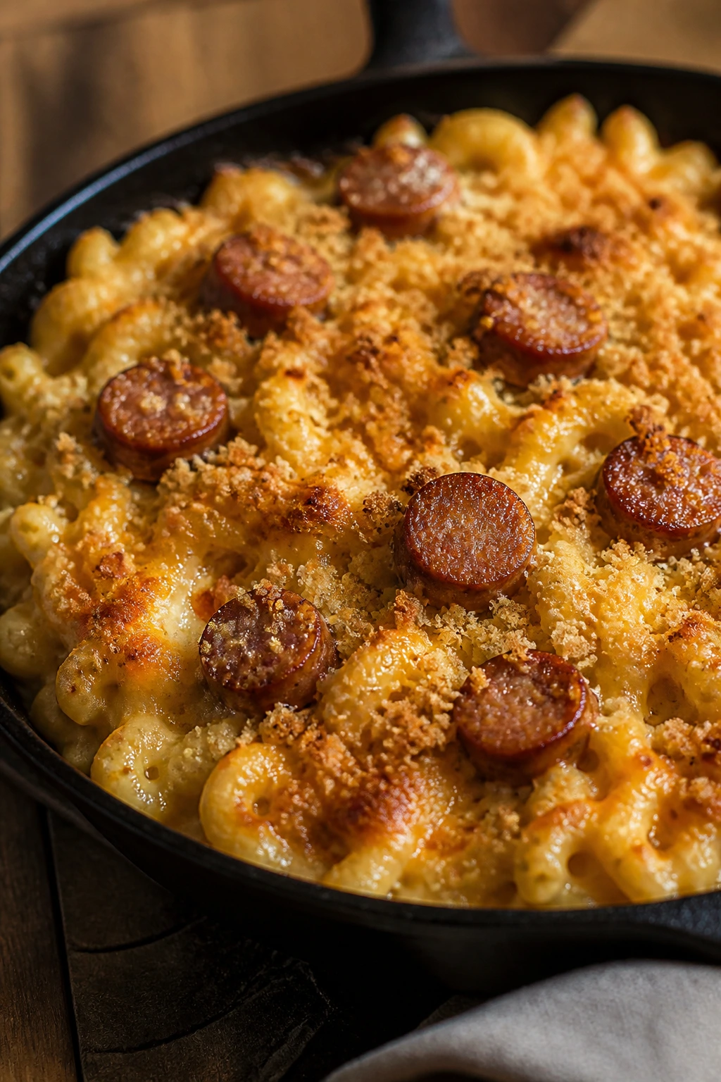 Close-up of sausage macaroni and cheese in a cast-iron skillet