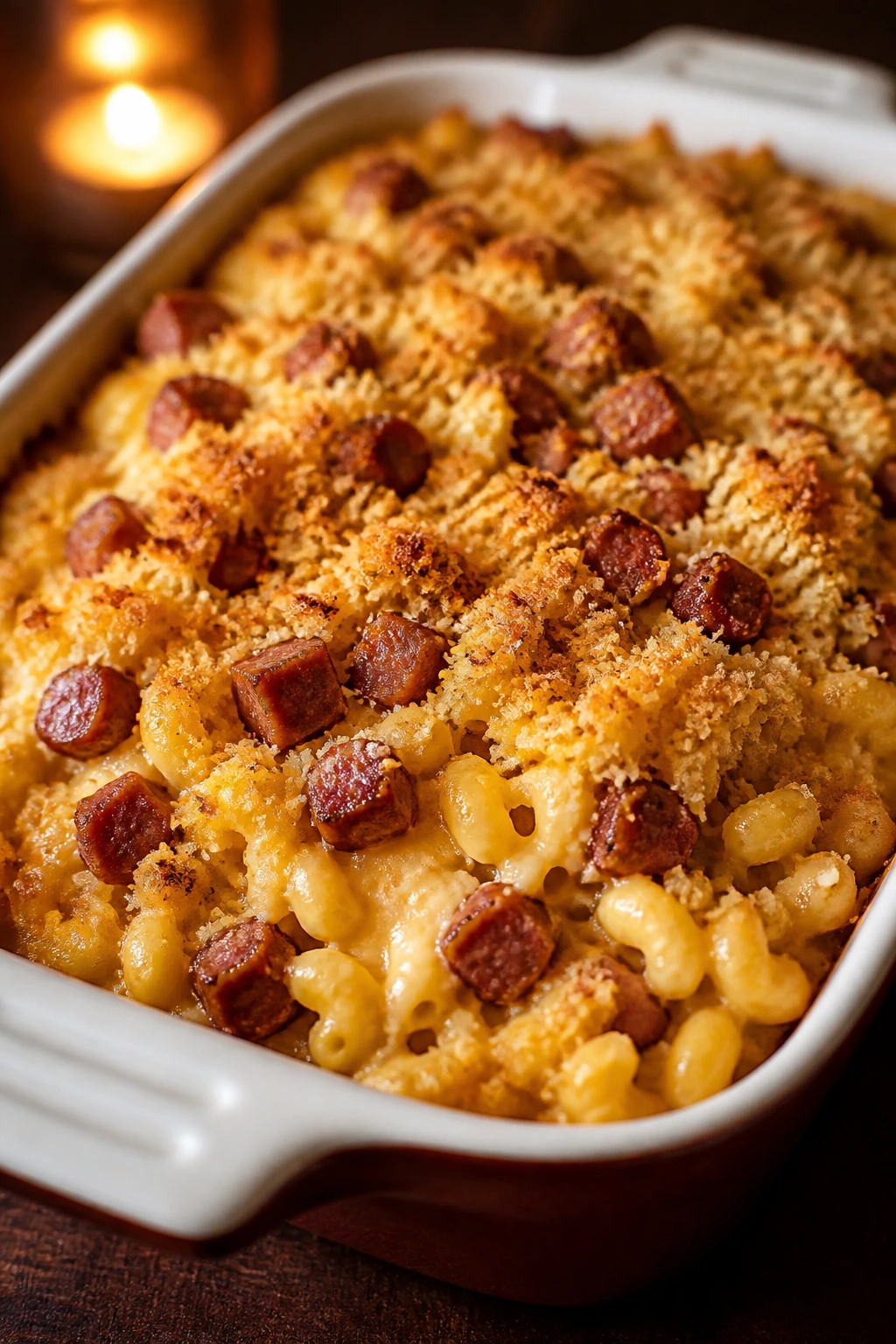 Mac and cheese bake with sausage in a baking dish
