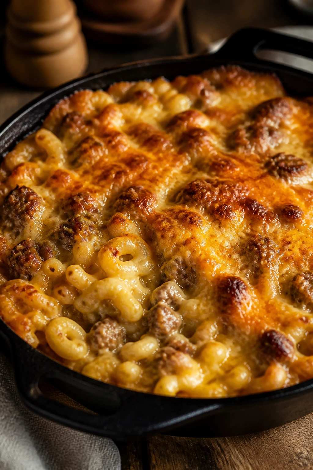 Sausage mac and cheese bake with golden crust