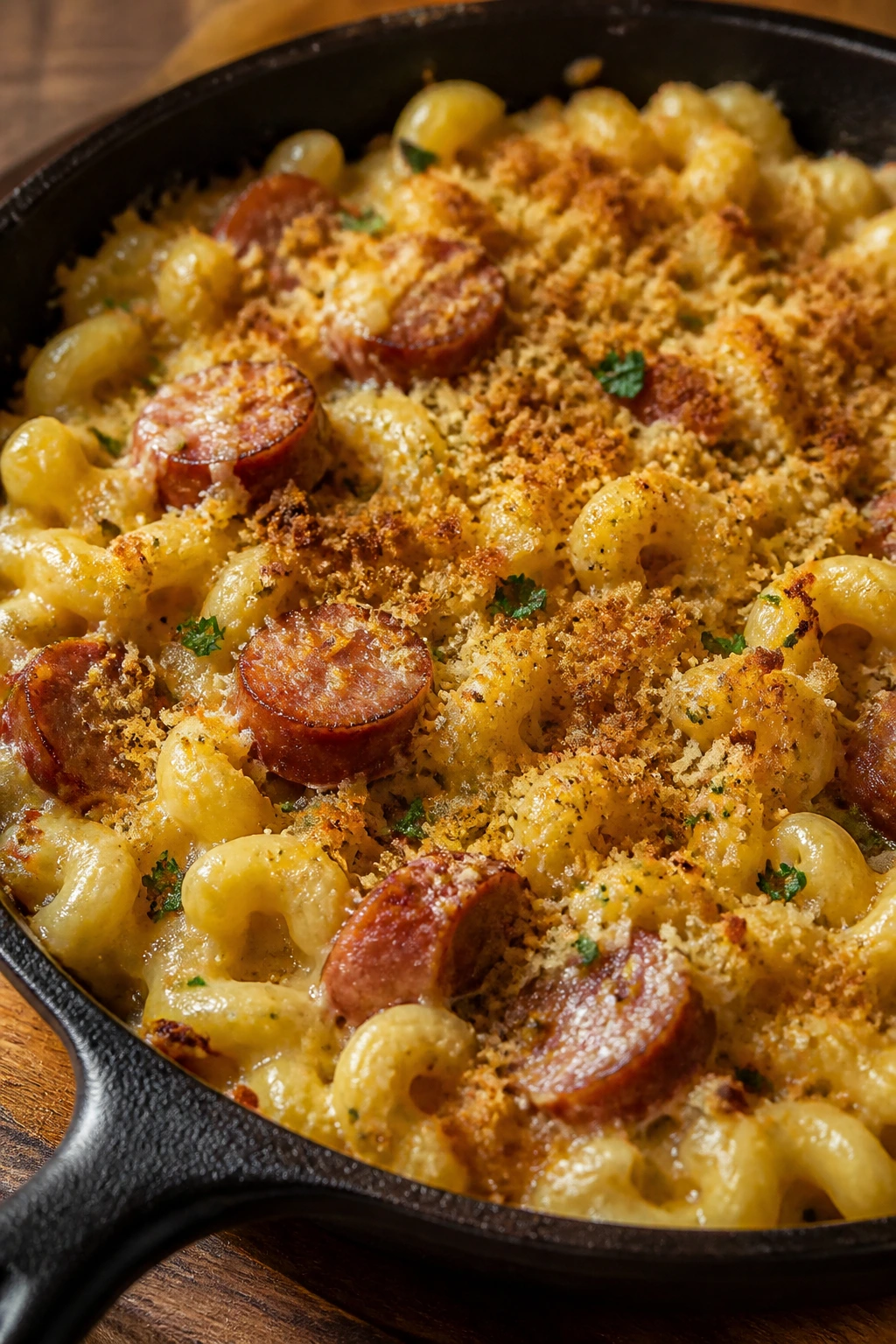 Sausage Mac and Cheese with crispy topping