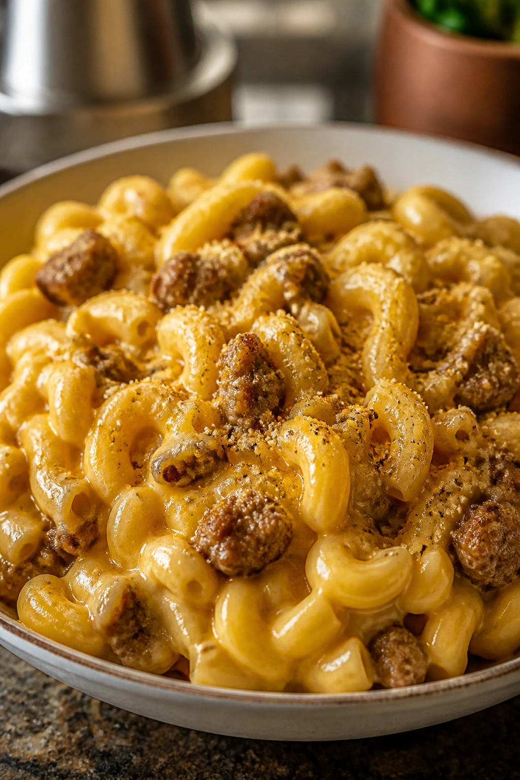 Close-up of sausage macaroni and cheese on a plate