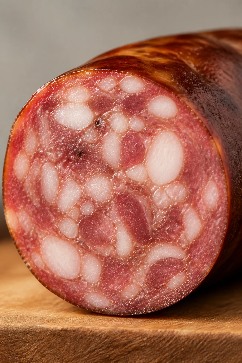 Cross-section of smoked sausage showing marbled fat on a wooden board.