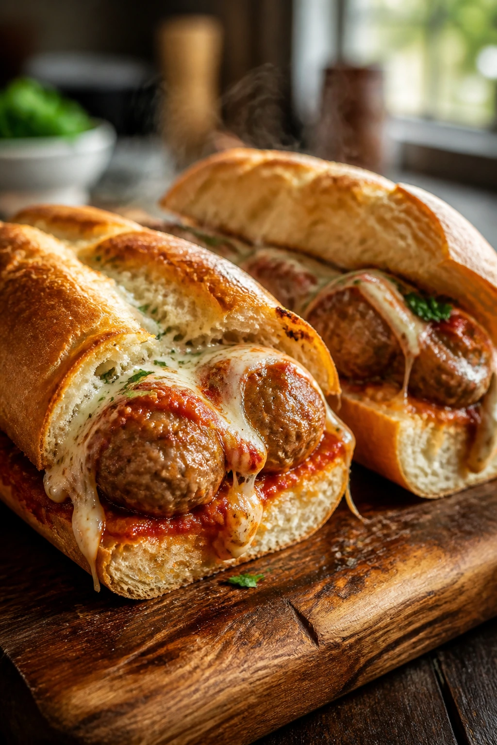 Close-up of a sausage meatball sub with marinara and melted mozzarella on a rustic board