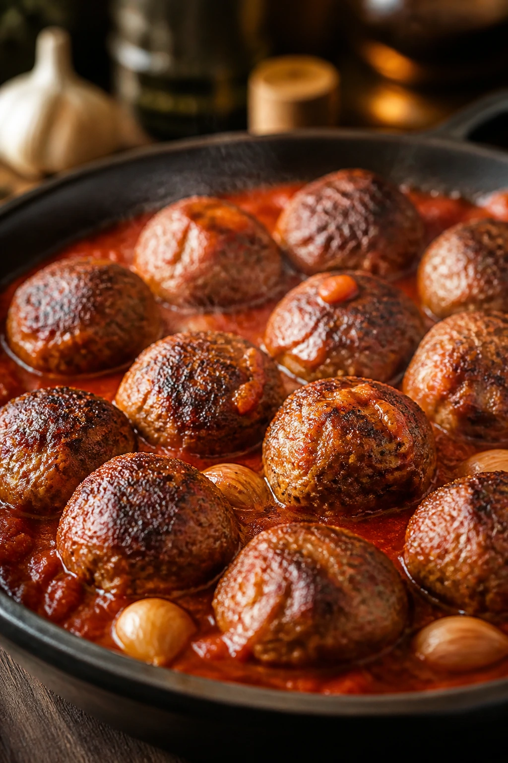 Close-up of Italian sausage meatballs in marinara sauce